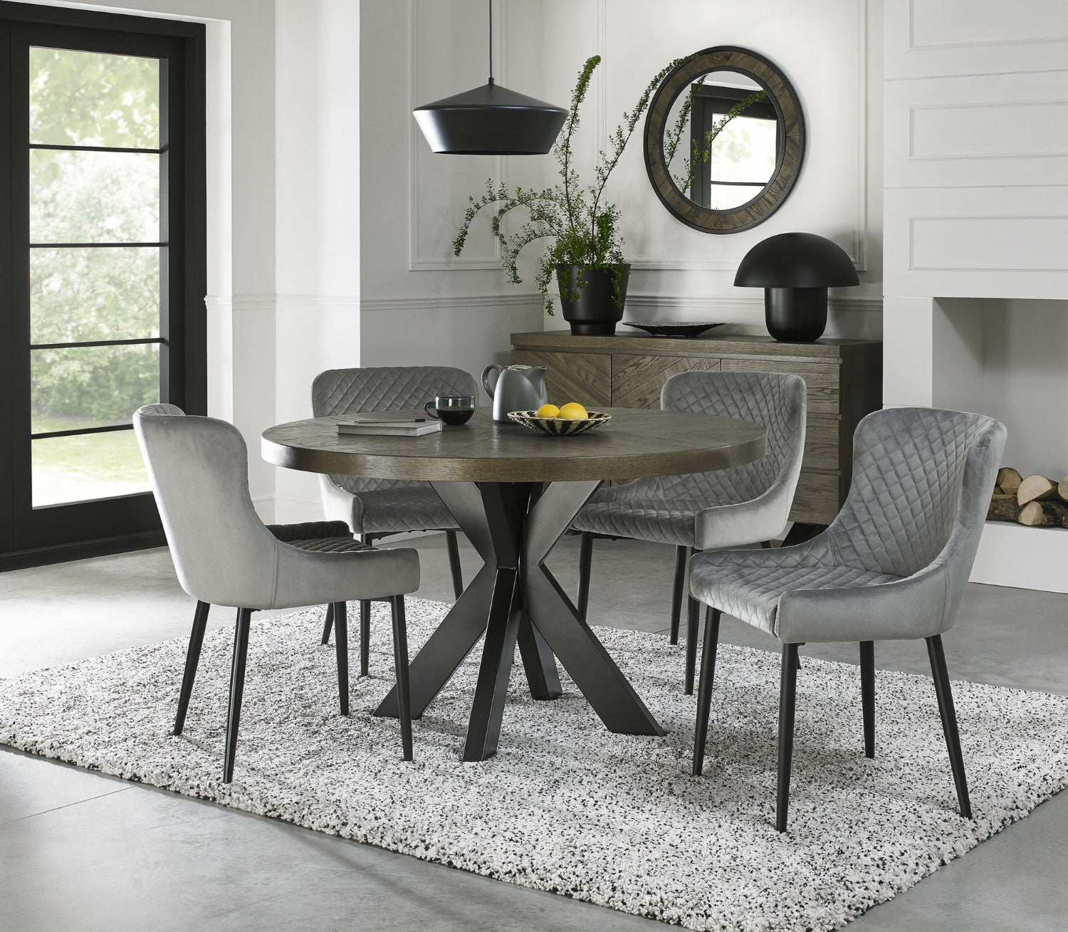 Dark Oak Small Dining Table Set 4 Grey Velvet Fabric Chairs