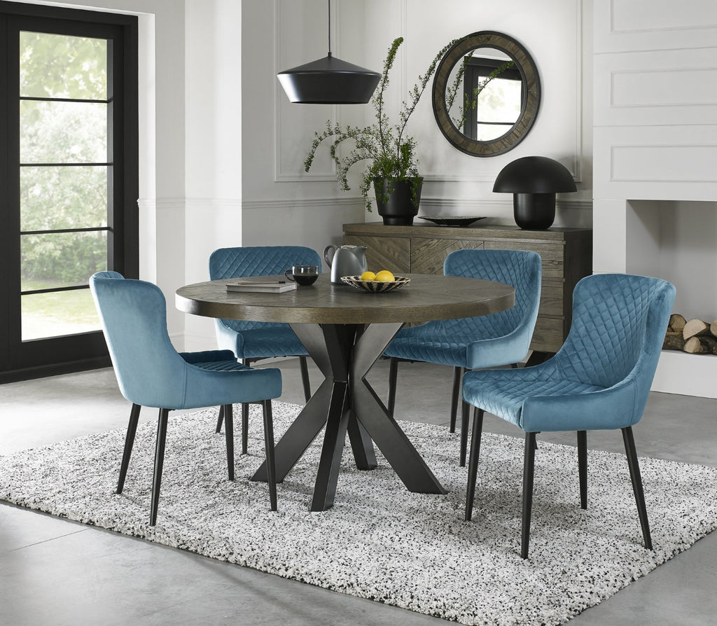 Dark Oak Small Dining Table Set 4 Blue Velvet Fabric Chairs