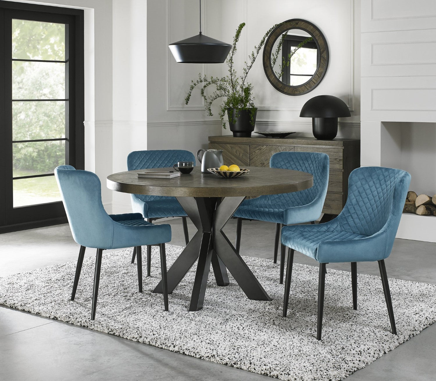 Dark Oak Small Dining Table Set 4 Blue Velvet Fabric Chairs