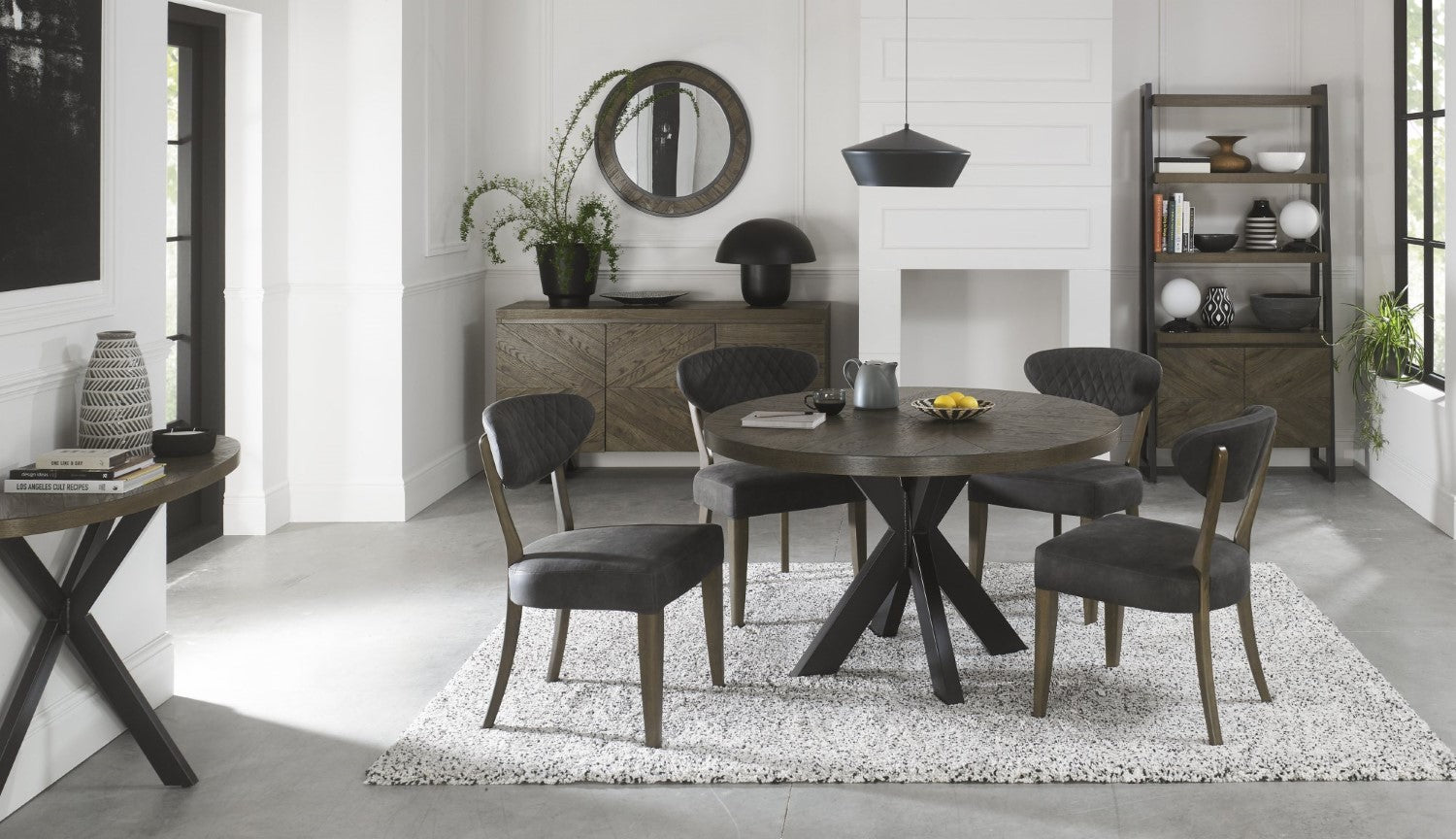 Dark Oak Round Dining Set Table 4 Dark Grey Fabric Chairs - Home Furniture Interiors