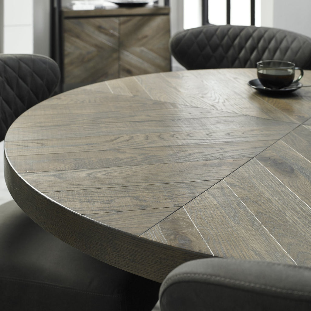 Dark Oak Round Dining Set Table 4 Dark Grey Fabric Chairs - Home Furniture Interiors
