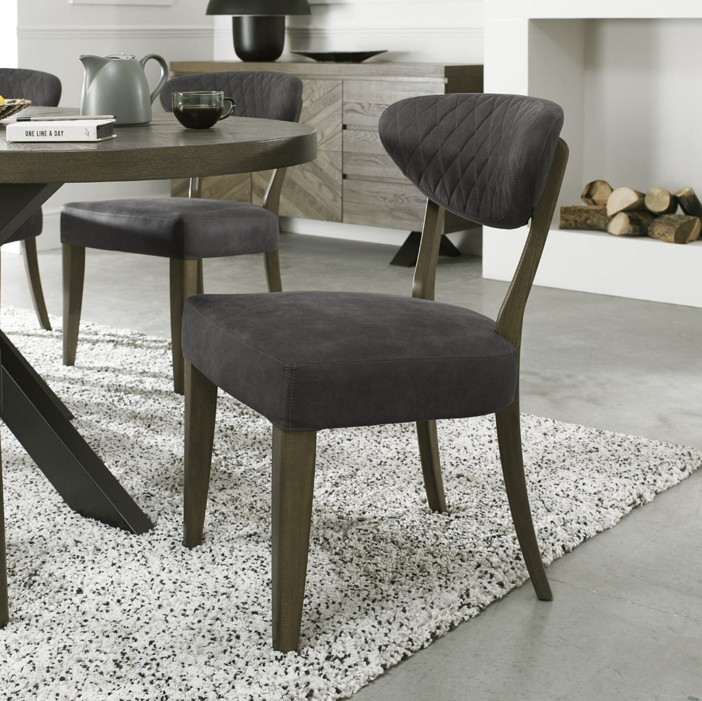 Dark Oak Round Dining Set Table 4 Dark Grey Fabric Chairs - Home Furniture Interiors