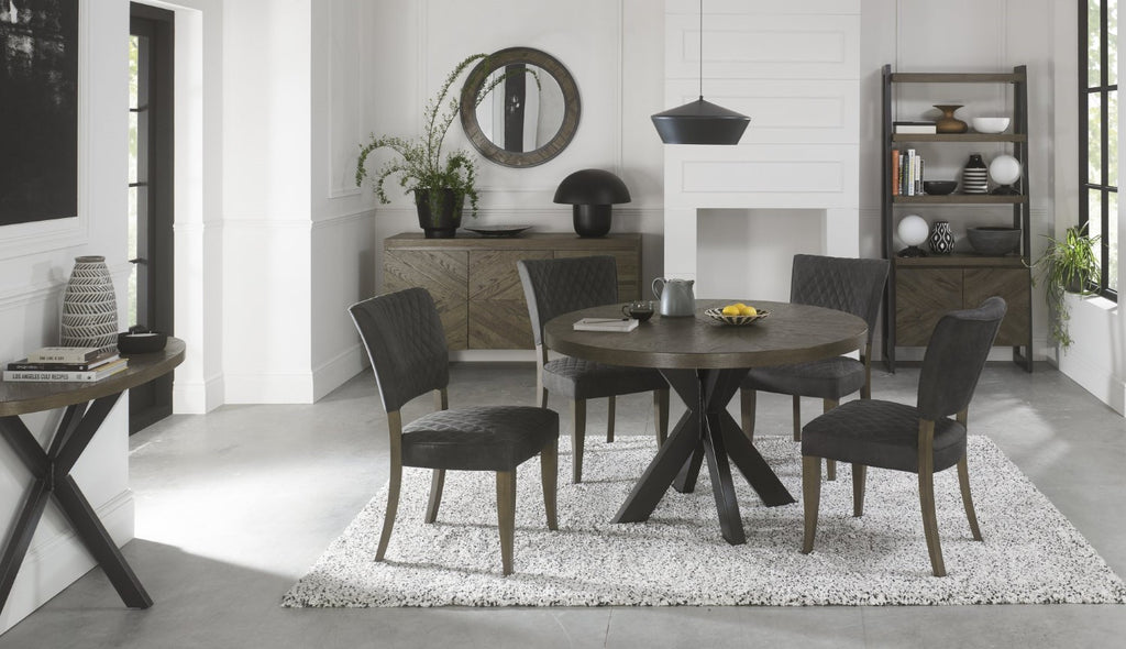 Oak Small Round Dining Set Table x 4 Dark Grey Fabric Chair - Home Furniture Interiors