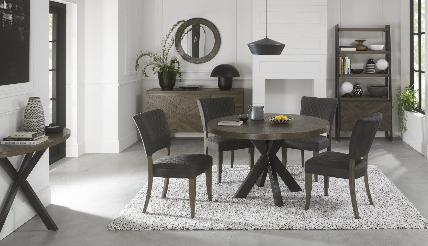 Oak Small Round Dining Set Table x 4 Dark Grey Fabric Chair - Home Furniture Interiors