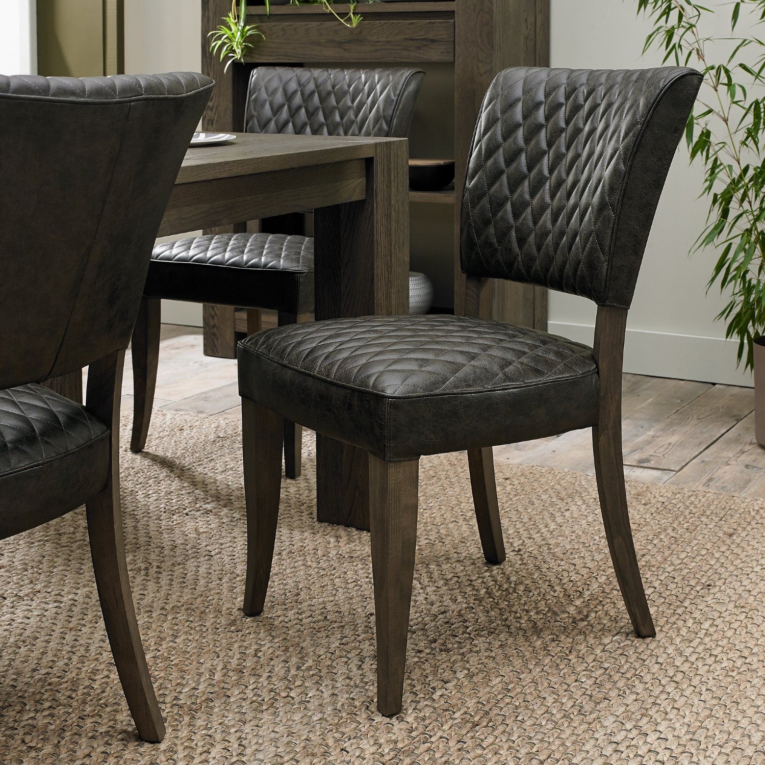 Dark Oak Small Round Dining Table Set 4 Grey Leather Chairs - Home Furniture Interiors
