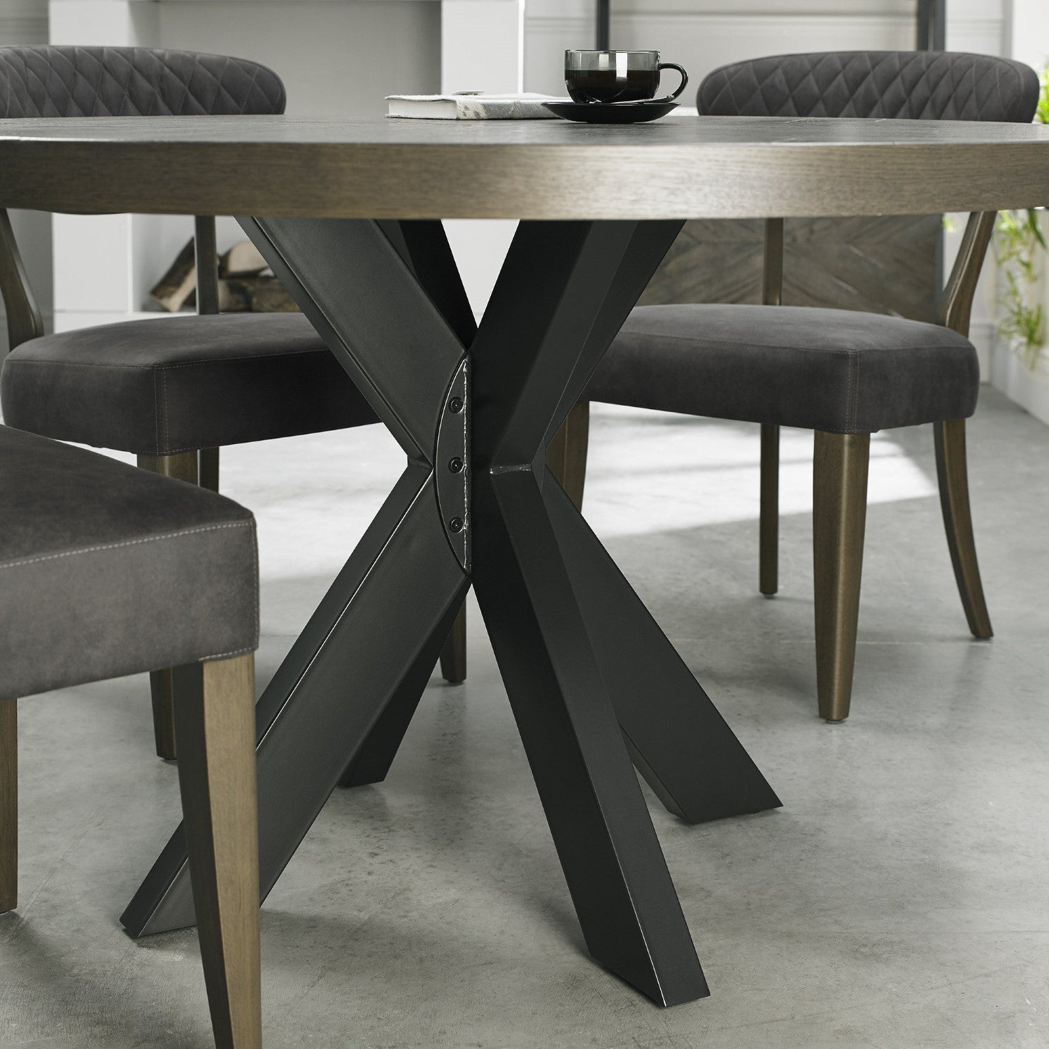 Dark Oak Round Dining Table Black Legs - Home Furniture Interiors