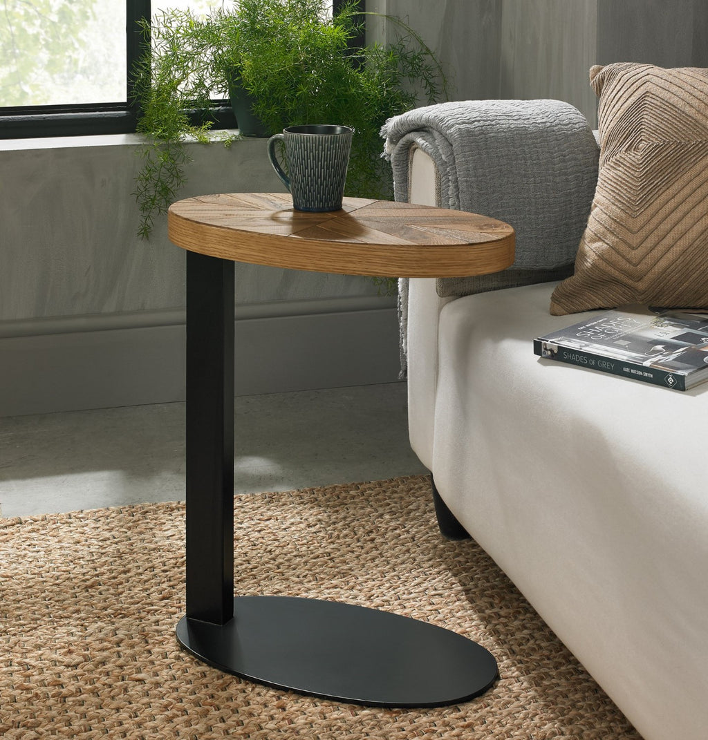 Rustic Oak Oval Over Arm Sofa Side Table Black Metal Base