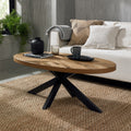 Rustic Oak Oval Coffee Table with Black Metal Crossed Legs