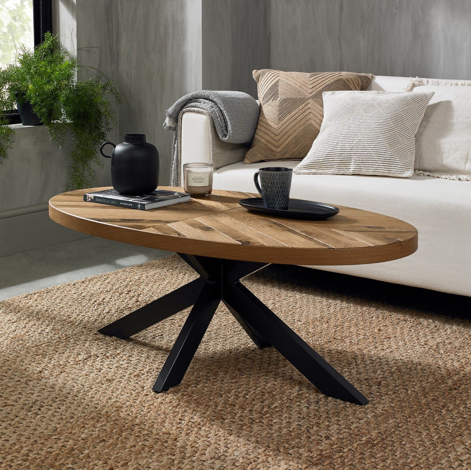 Rustic Oak Oval Coffee Table with Black Metal Crossed Legs