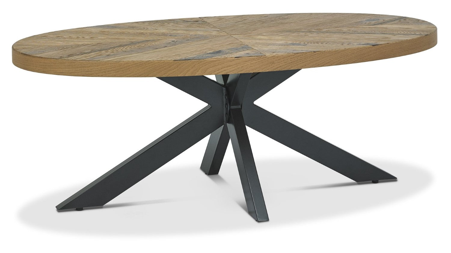 Rustic Oak Oval Coffee Table with Black Metal Crossed Legs - Home Furniture Interiors