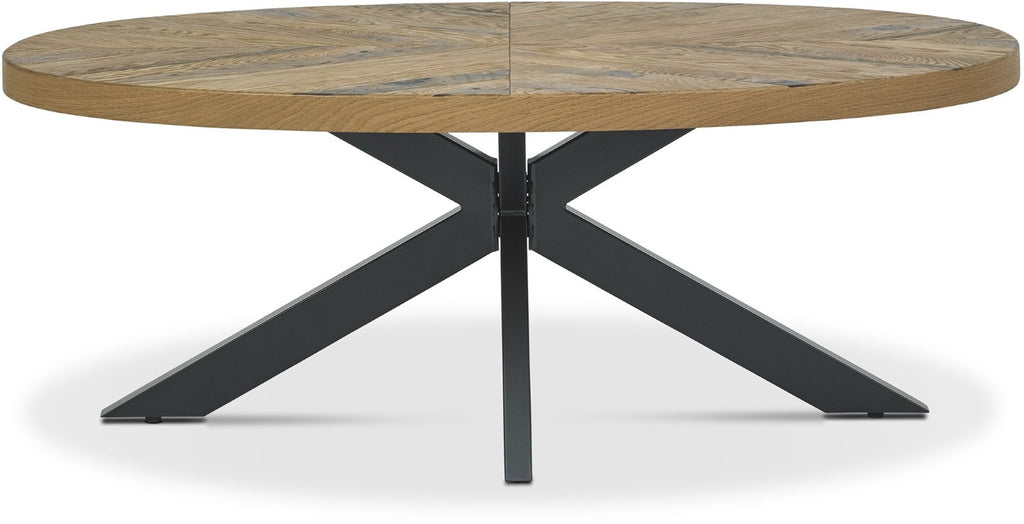 Rustic Oak Oval Coffee Table with Black Metal Crossed Legs - Home Furniture Interiors