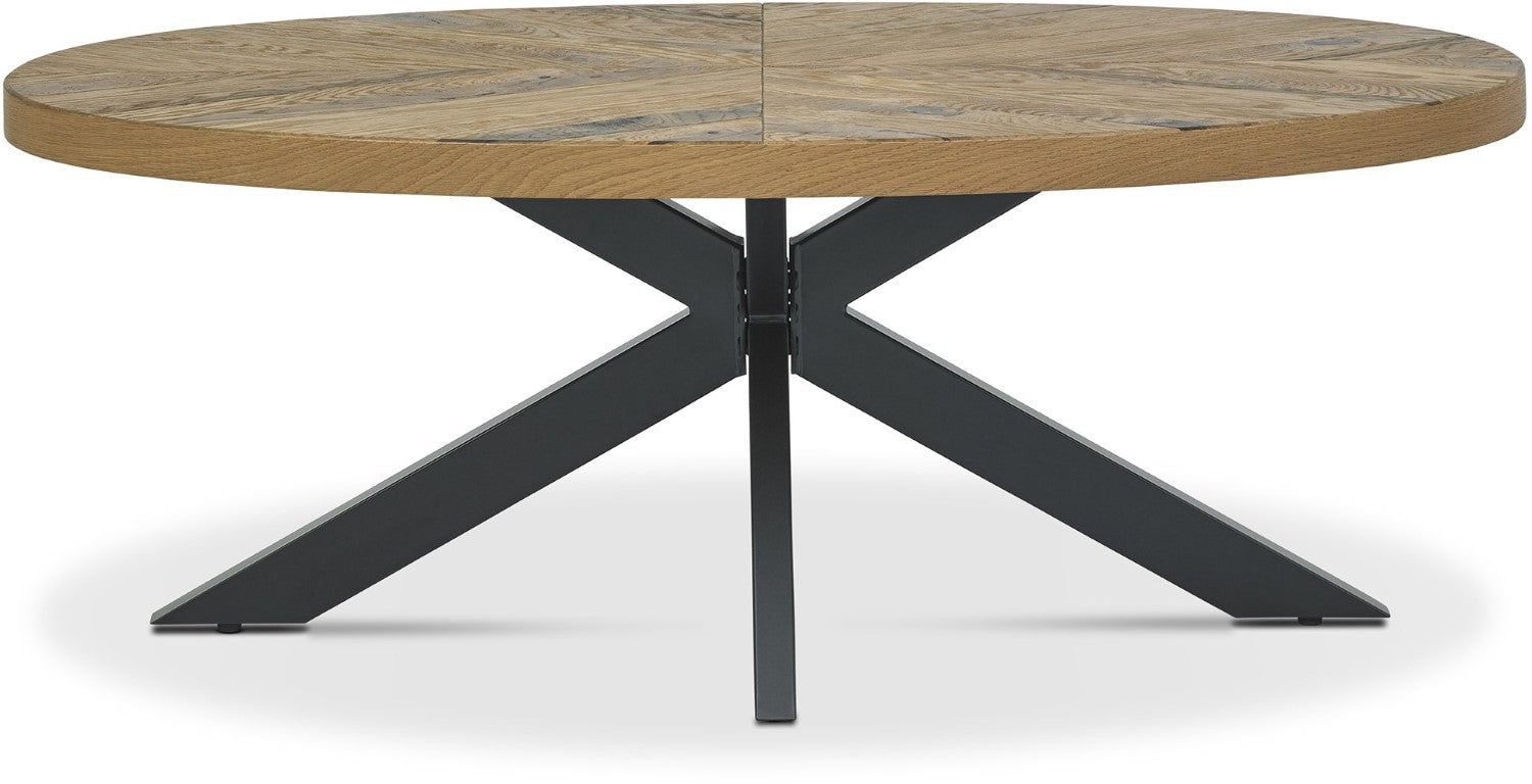 Rustic Oak Oval Coffee Table with Black Metal Crossed Legs - Home Furniture Interiors