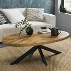 Large Rustic Oak Oval Coffee Table with Black Metal Base