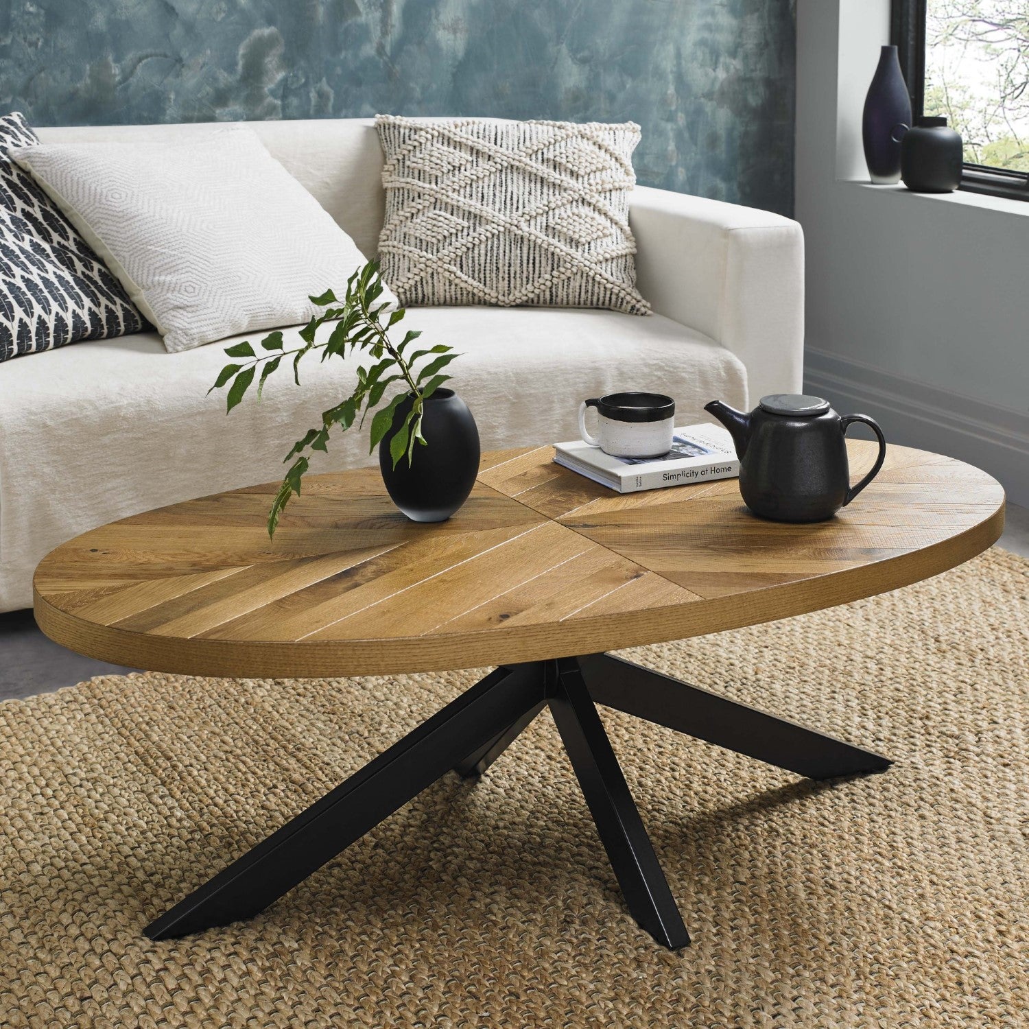 Large Rustic Oak Oval Coffee Table with Black Metal Base