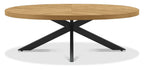 Large Rustic Oak Oval Coffee Table with Black Metal Base - Home Furniture Interiors