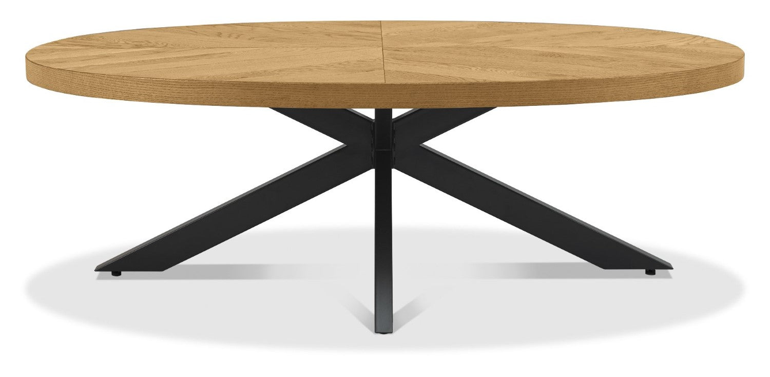 Large Rustic Oak Oval Coffee Table with Black Metal Base - Home Furniture Interiors