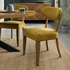Pair of Rustic Oak Yellow Velvet Fabric Dining Chairs