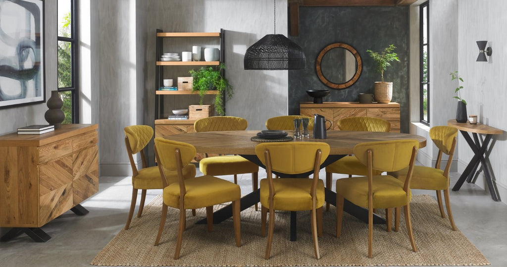 Pair of Rustic Oak Yellow Velvet Fabric Dining Chairs - Home Furniture Interiors
