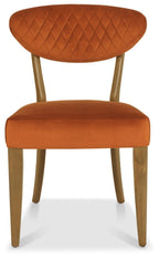 Pair of Rustic Oak Orange Velvet Fabric Dining Chairs - Home Furniture Interiors