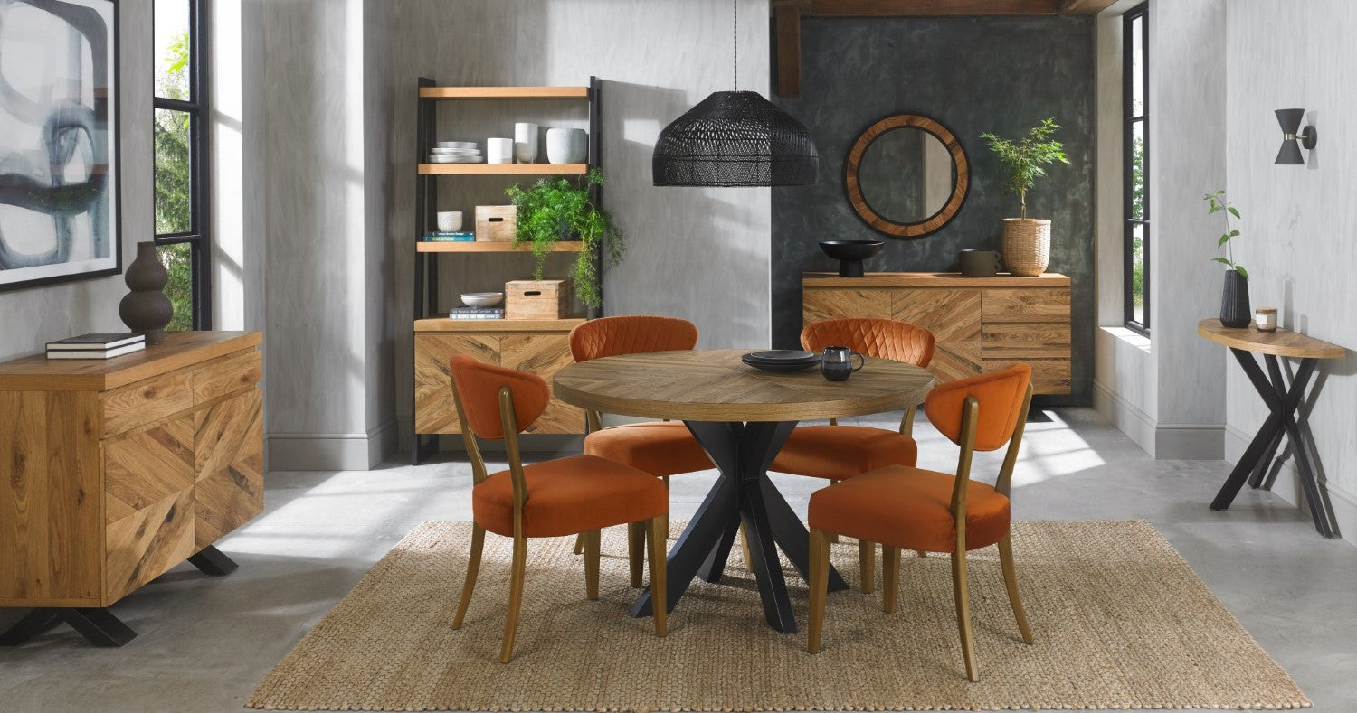 Pair of Rustic Oak Orange Velvet Fabric Dining Chairs - Home Furniture Interiors