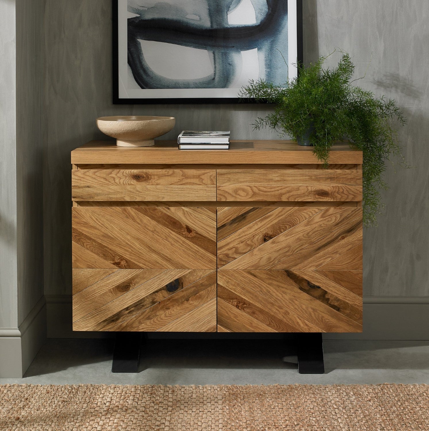 Oak Sideboard 2 Doors 2 Drawers Parquet Chevron Design