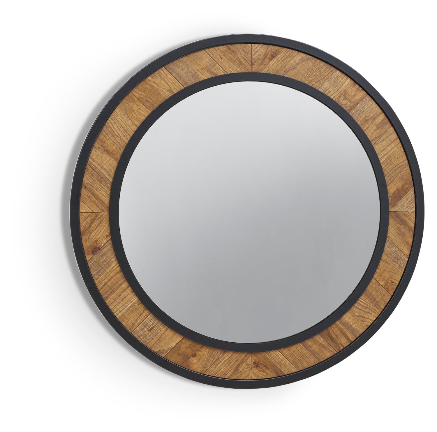 Rustic Oak Round Wall Mirror Herringbone Pattern - Home Furniture Interiors
