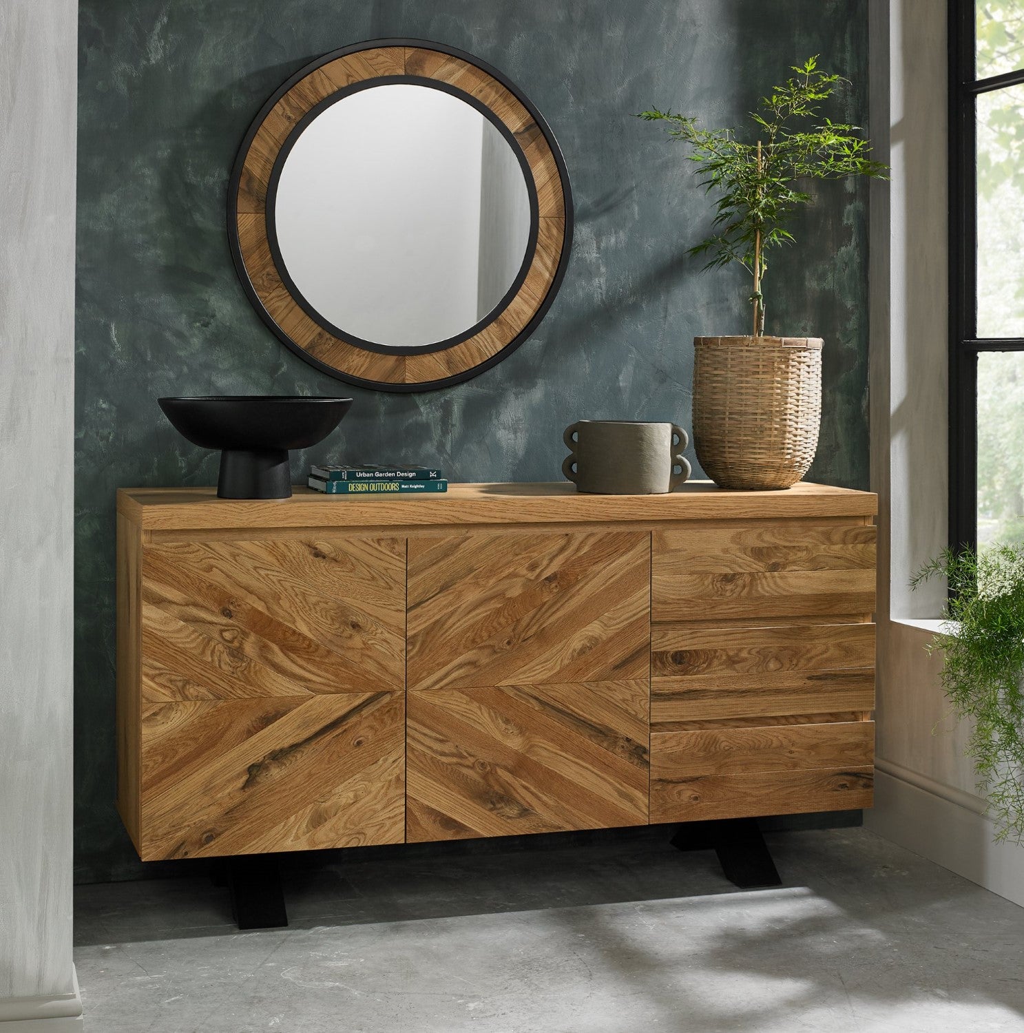 Rustic Oak Round Wall Mirror Herringbone Pattern - Home Furniture Interiors