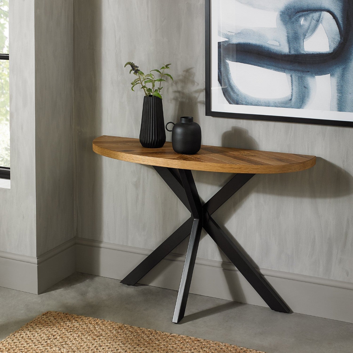 Rustic Oak Top Half Moon Console Hall Table Black Legs