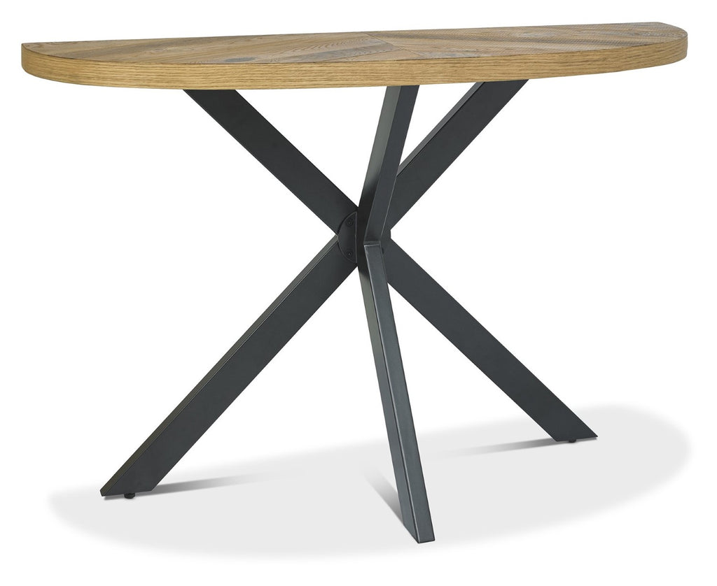Rustic Oak Top Half Moon Console Hall Table Black Legs - Home Furniture Interiors