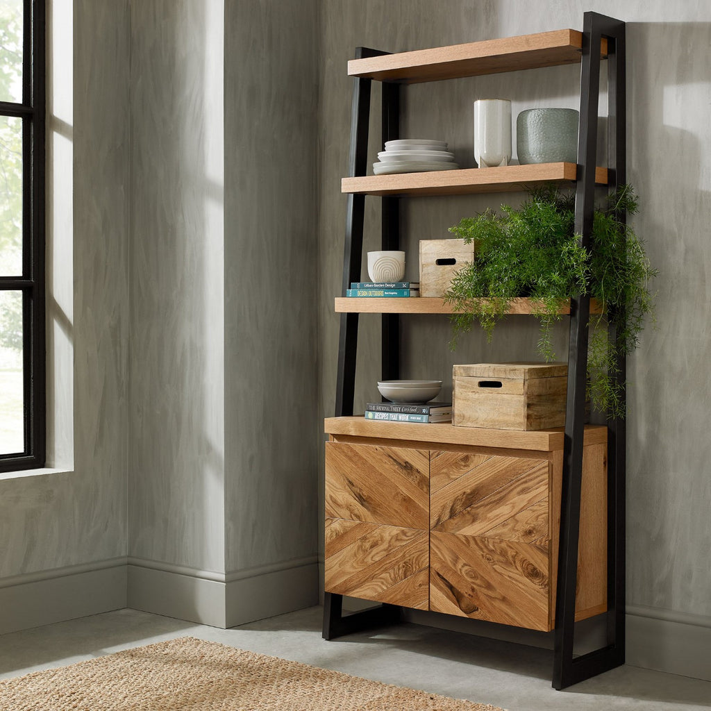 Rustic Oak Open Display Shelving Unit with Cupboard Base