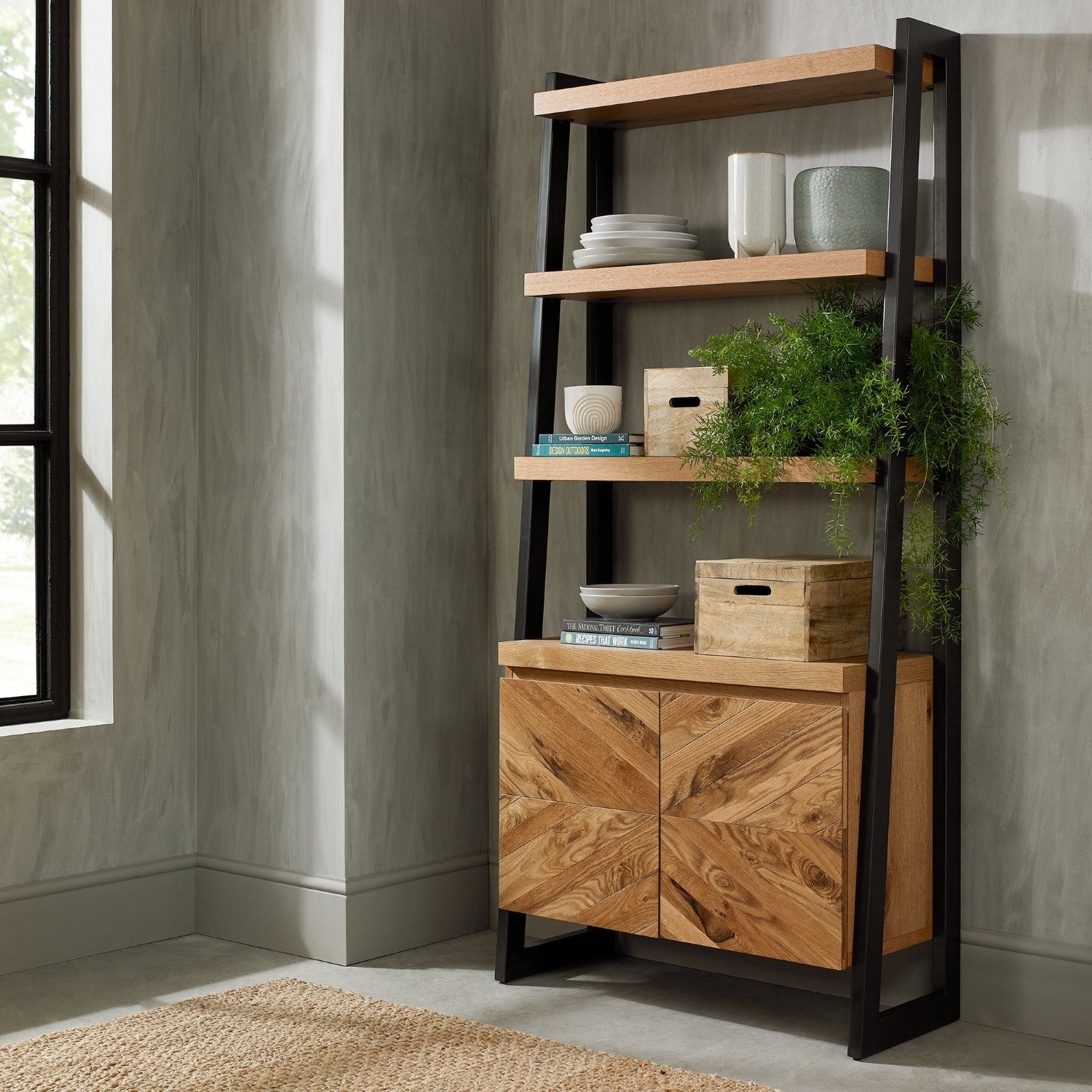 Rustic Oak Open Display Shelving Unit with Cupboard Base