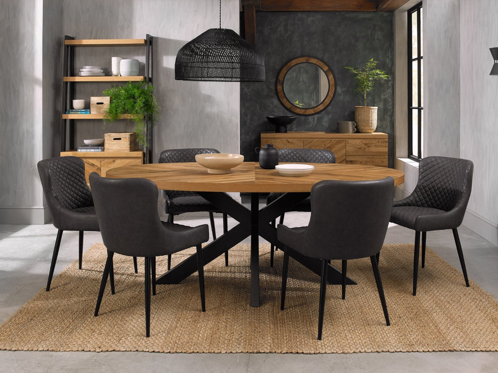 Rustic Oak Oval Dining Table Set Dark Grey Leather Chairs