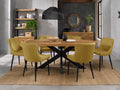 Rustic Oak Oval Dining Table Set 6 Yellow Velvet Chairs
