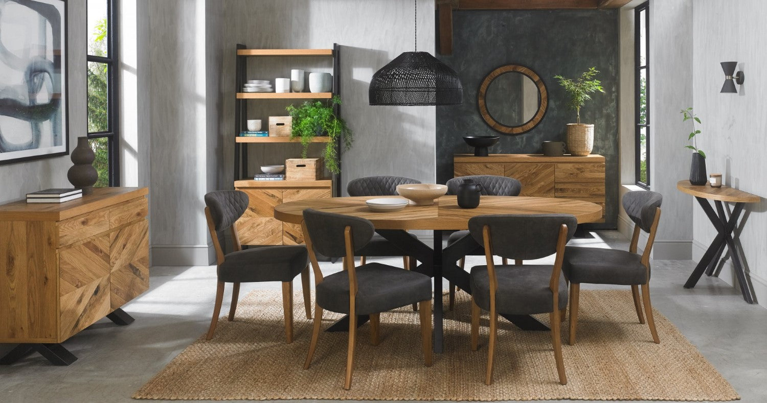 Rustic Oak Oval Dining Table Set 6 Dark Grey Fabric Chairs - Home Furniture Interiors