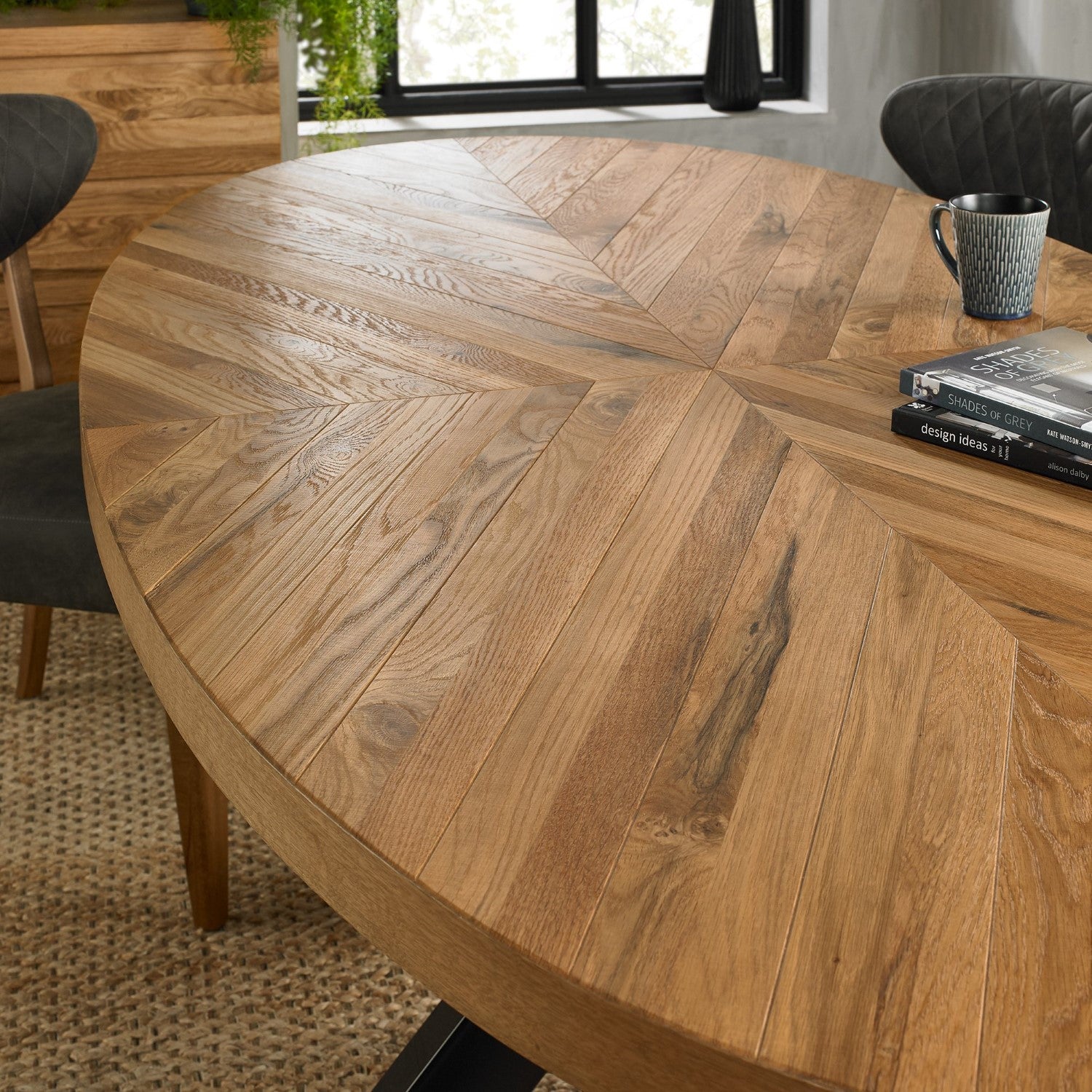 Large Oval Dining Table Rustic Oak Parquet Top - Home Furniture Interiors