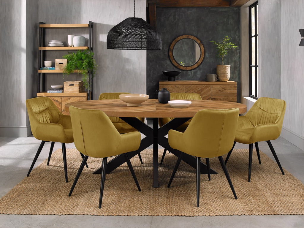 Oval Rustic Oak Dining Table Set 6 Yellow Velvet Chairs