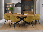 Oval Rustic Oak Dining Table Set 6 Yellow Velvet Chairs