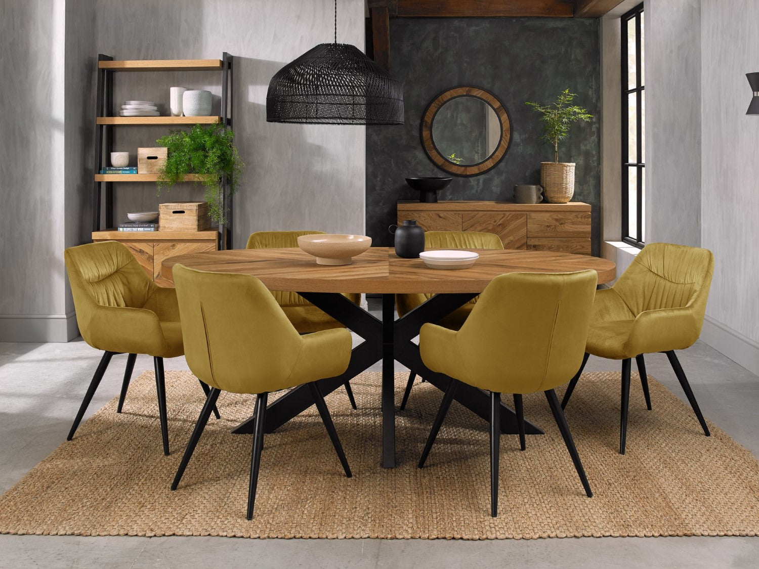 Oval Rustic Oak Dining Table Set 6 Yellow Velvet Chairs