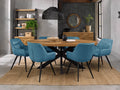 Oval Rustic Oak Dining Table Set 6 Blue Velvet Chairs