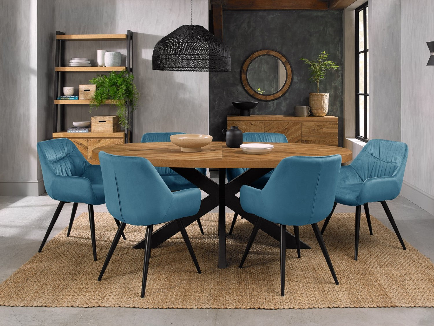 Oval Rustic Oak Dining Table Set 6 Blue Velvet Chairs
