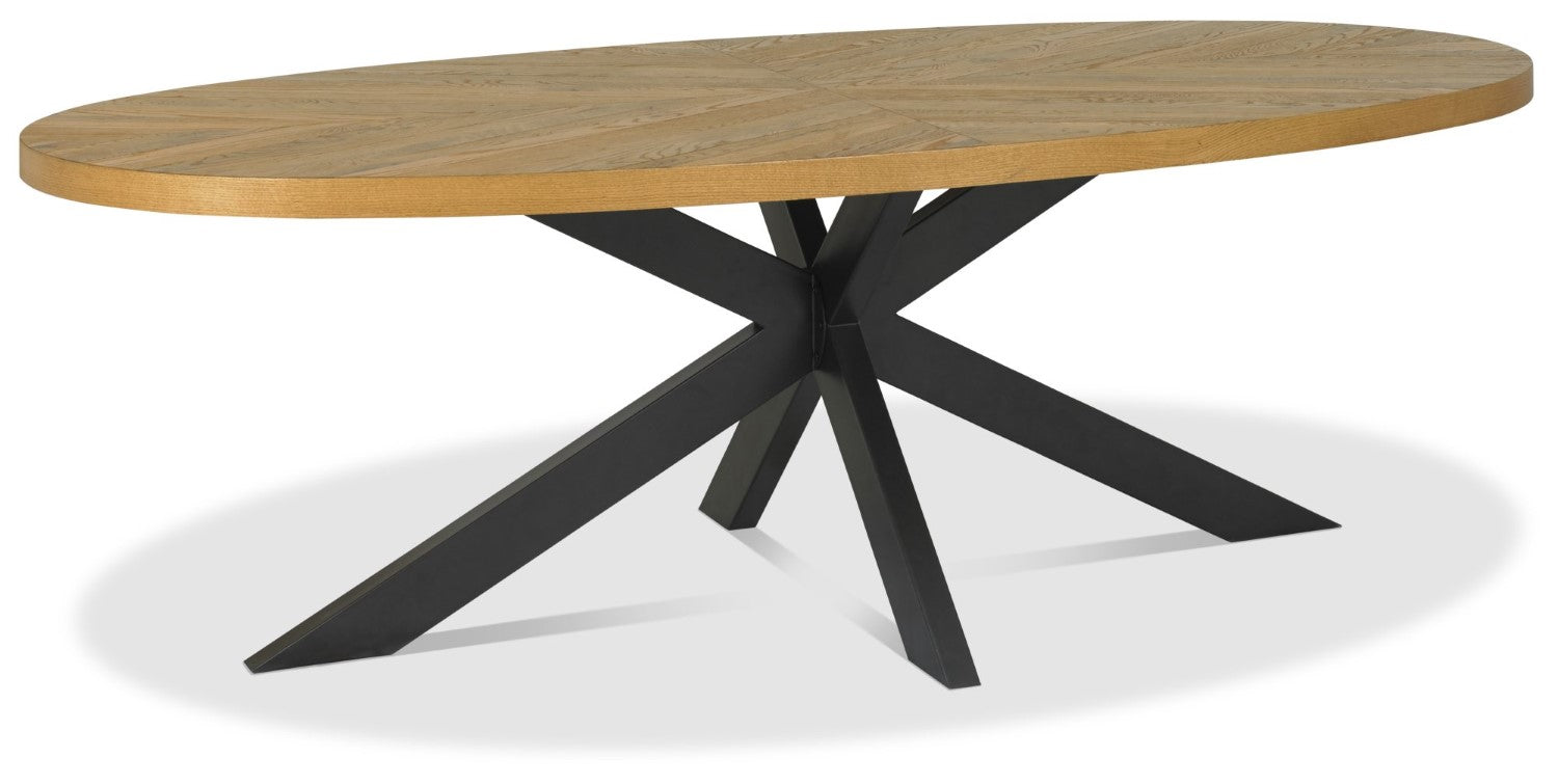 Rustic Oak Extra Large Oval Dining Table Cross Metal Base