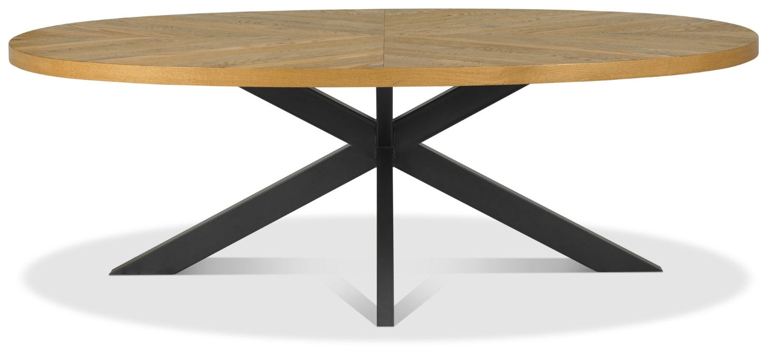 Rustic Oak Extra Large Oval Dining Table Cross Metal Base - Home Furniture Interiors