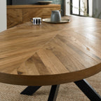 Rustic Oak Extra Large Oval Dining Table Cross Metal Base - Home Furniture Interiors