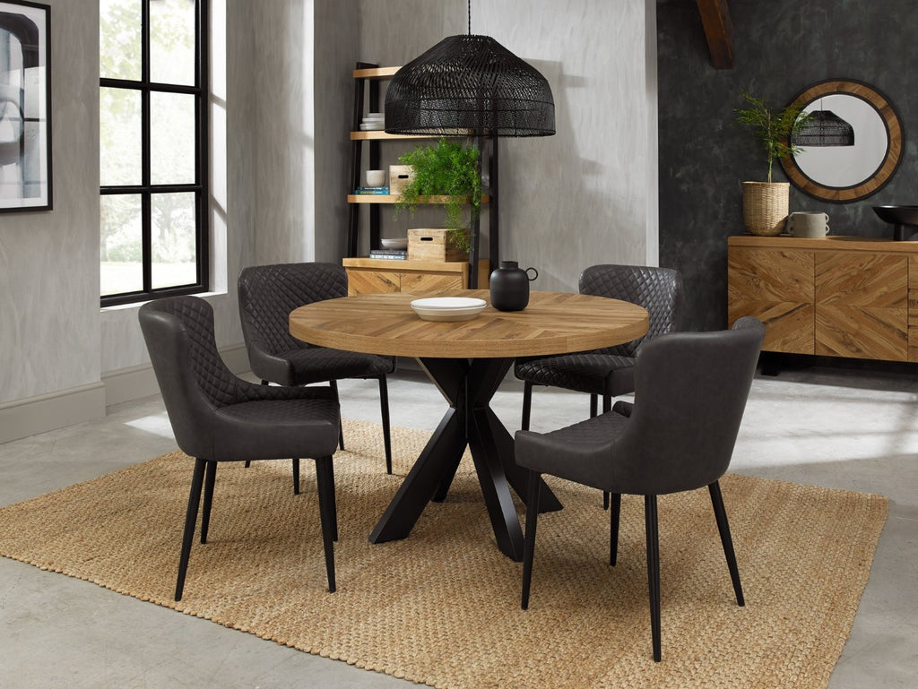 Rustic Oak Round Dining Table Set 4 Grey Leather Chairs