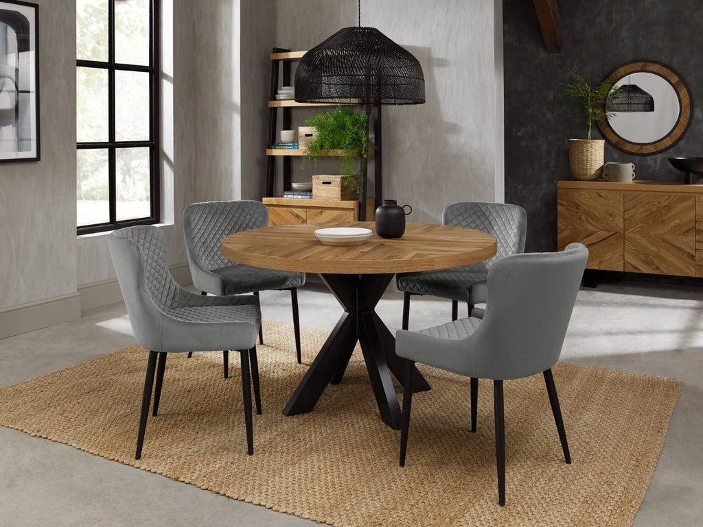 Rustic Oak Small Dining Table Set Grey Velvet Fabric Chairs