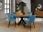 Rustic Oak Small Dining Table Set 4 Blue Velvet Chairs