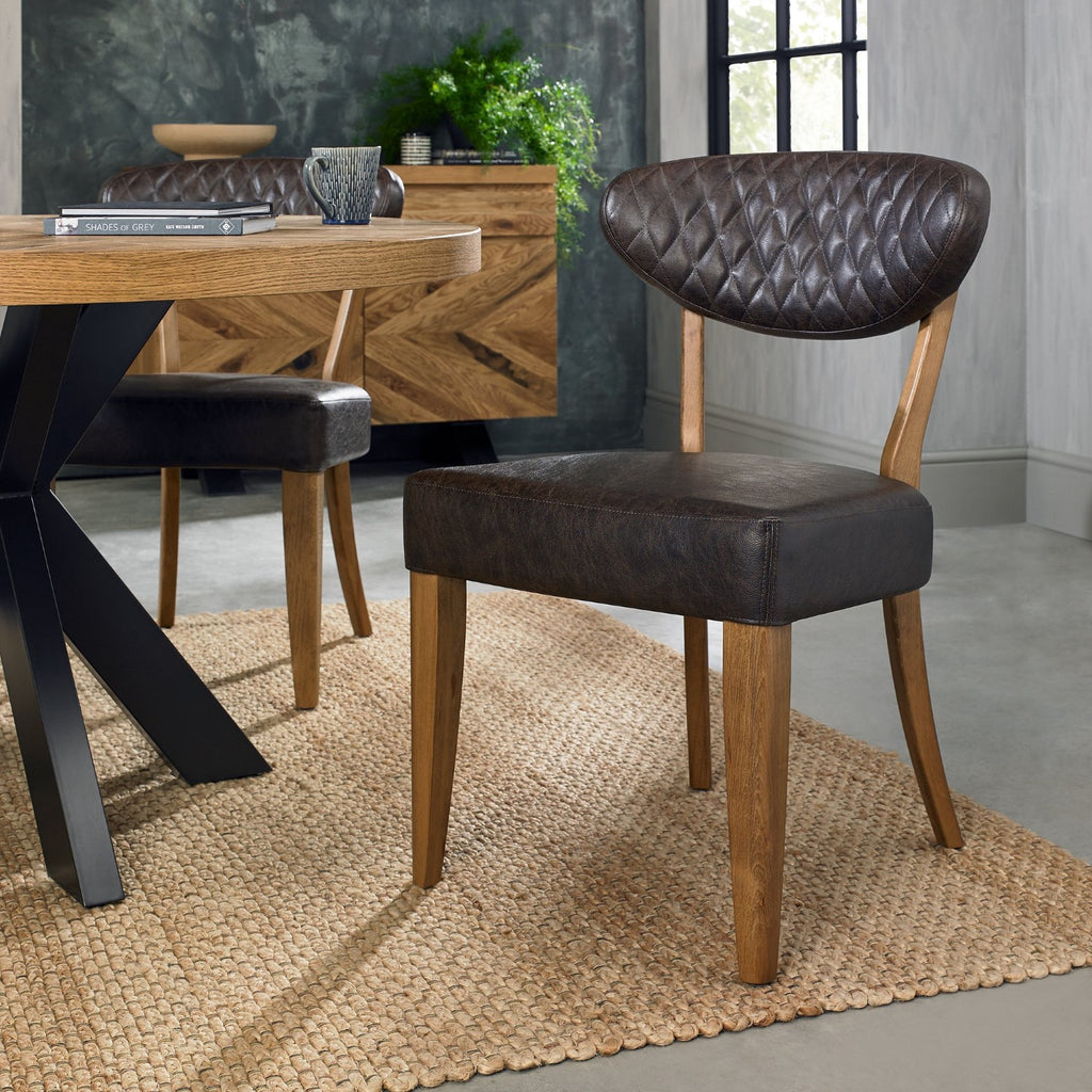 Rustic Oak Small Round Dining Table Set 4 Leather Chairs - Home Furniture Interiors
