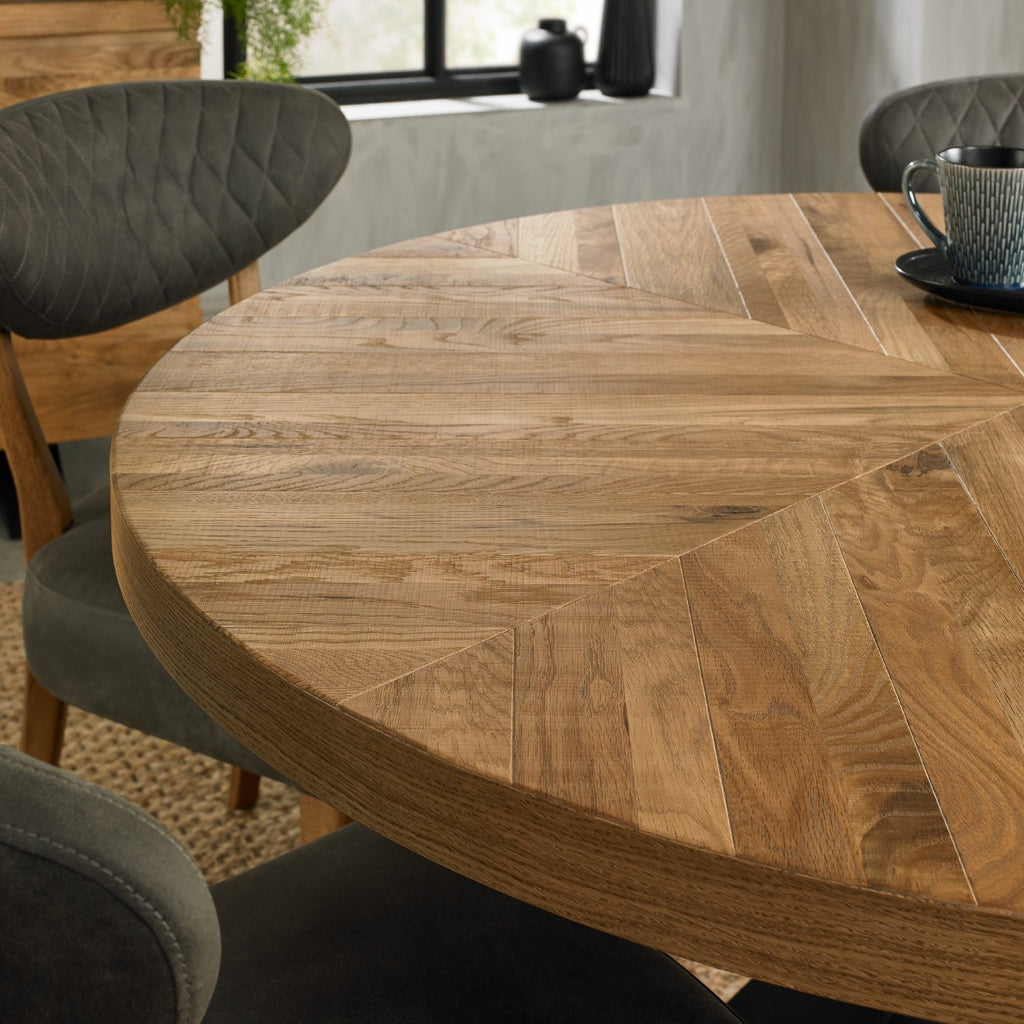 Rustic Oak Round Dining Table Set 4 Dark Grey Fabric Chairs - Home Furniture Interiors