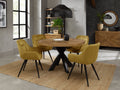Rustic Oak Round Dining Set 4 Yellow Velvet Fabric Chairs