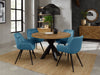 Rustic Oak Round Table 4 Blue Velvet Chairs Dining Set